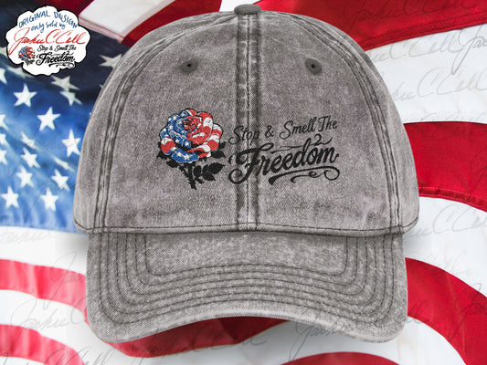 Vintage Embroidered Freedom Charcoal Gray Cap — Distressed Baseball Hat with Floral Patriotic Rose "Stop and Smell The Freedom"