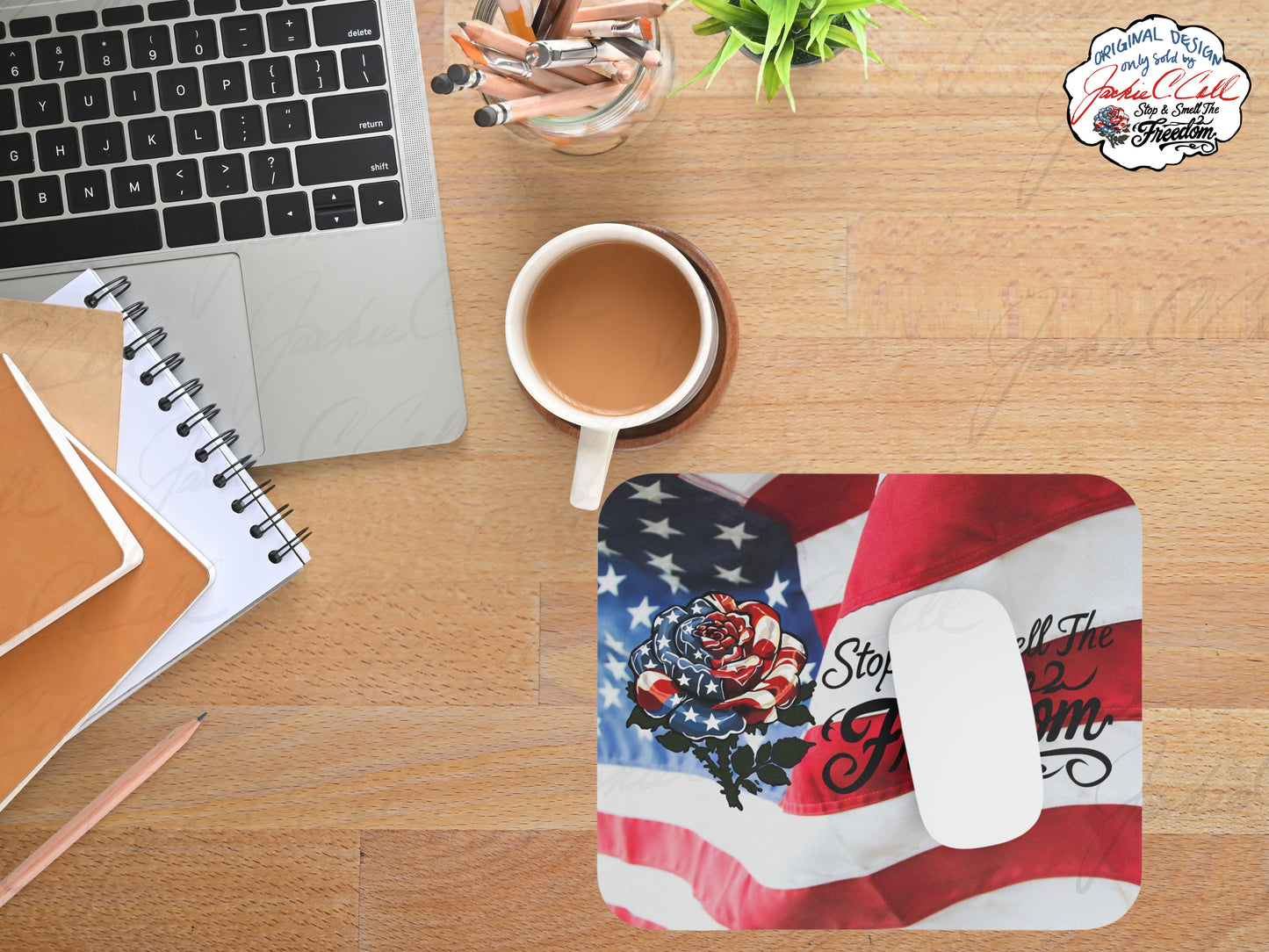 Stop and Smell The Freedom Mouse Pad | American Flag Rose, Patriotic Desk Mat | 9x8 inch