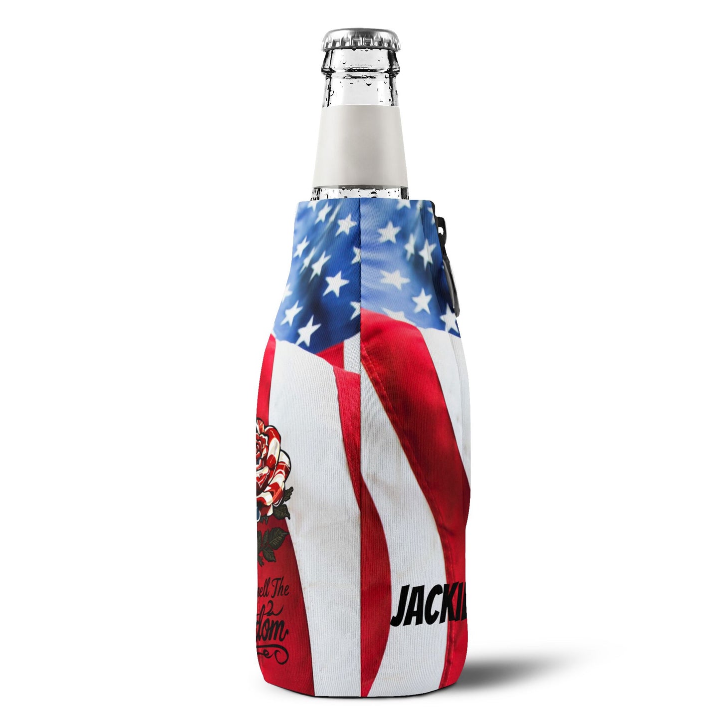 American Flag Rose Zip-Up Bottle Cooler Sleeve | Patriotic Stop and Smell The Freedom Can Cooler