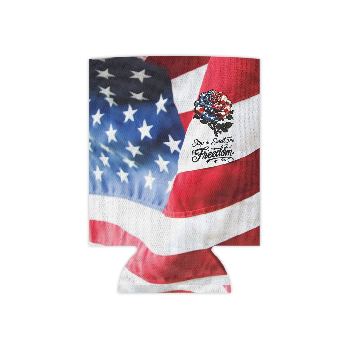 American Flag Rose Can Cooler | Patriotic Beverage Koozie, Star Spangled Freedom Design Can Coozie