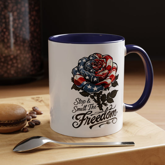 American Flag Rose Ceramic Accent Handle Coffee Mug — 'Stop and Smell The Freedom' Patriotic Coffee Cup (11oz/15oz) - 250th America's Birthday Gift