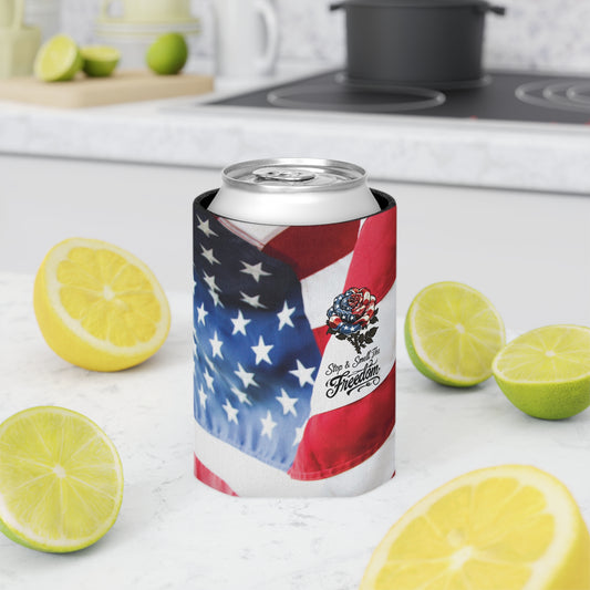 American Flag Rose Can Cooler | Patriotic Beverage Koozie, Star Spangled Freedom Design Can Coozie