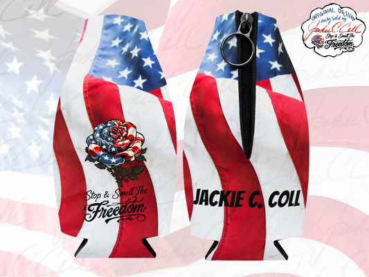 American Flag Rose Zip-Up Bottle Cooler Sleeve | Patriotic Stop and Smell The Freedom Can Cooler
