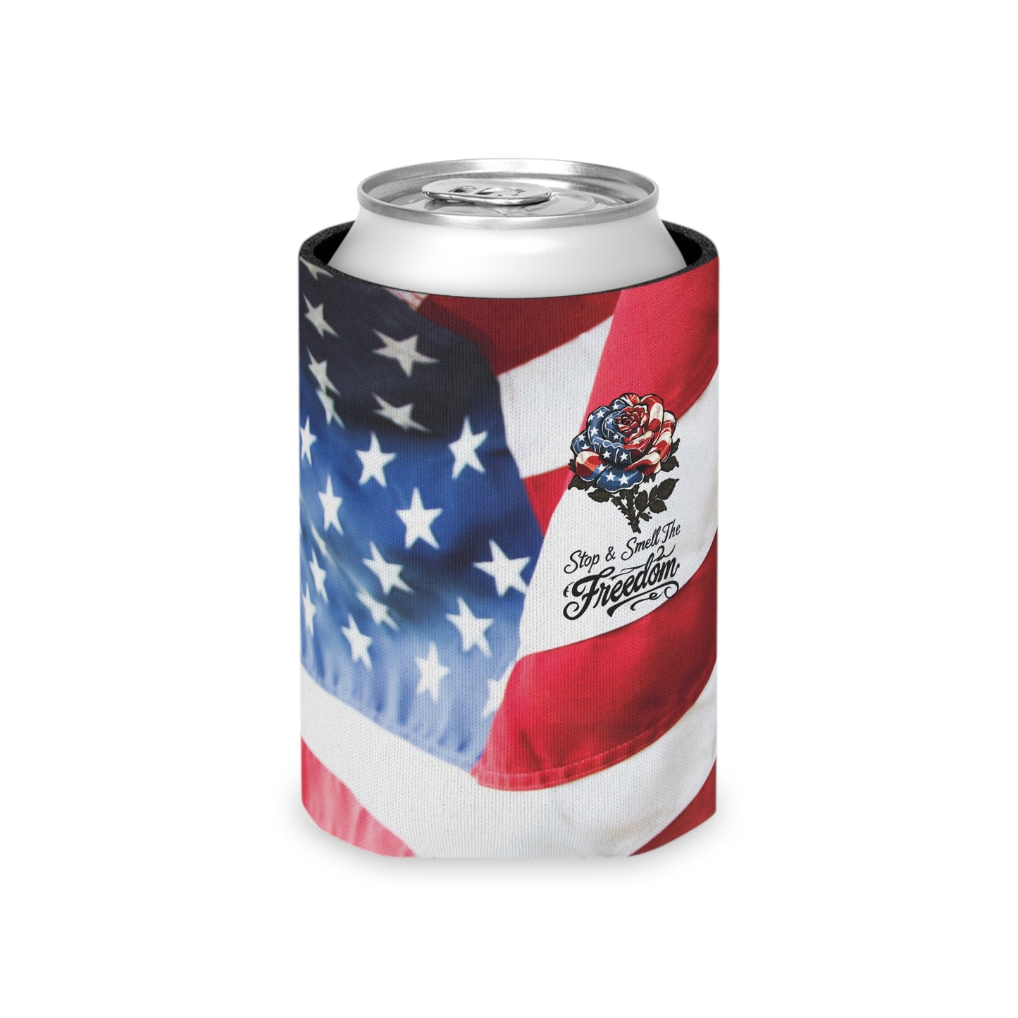 American Flag Rose Can Cooler | Patriotic Beverage Koozie, Star Spangled Freedom Design Can Coozie