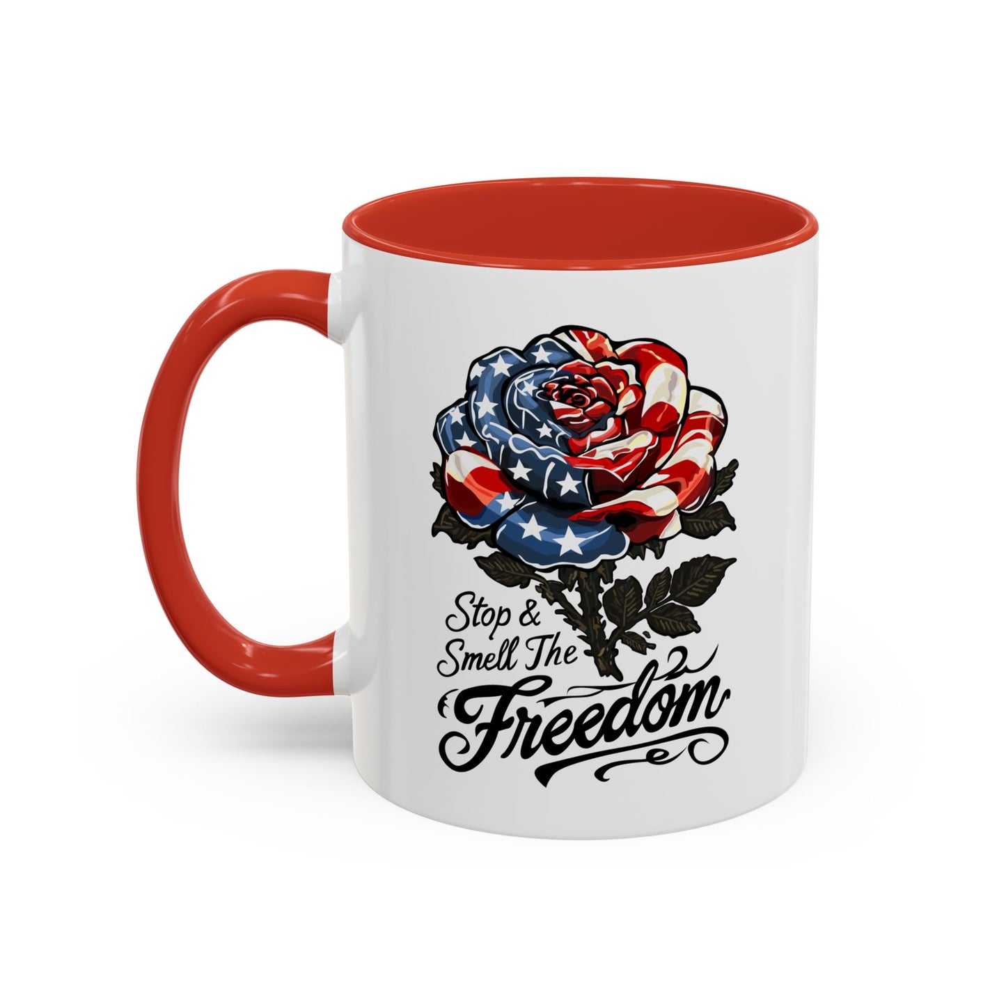 American Flag Rose Ceramic Accent Handle Coffee Mug — 'Stop and Smell The Freedom' Patriotic Coffee Cup (11oz/15oz) - 250th America's Birthday Gift
