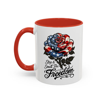 American Flag Rose Ceramic Accent Handle Coffee Mug — 'Stop and Smell The Freedom' Patriotic Coffee Cup (11oz/15oz) - 250th America's Birthday Gift