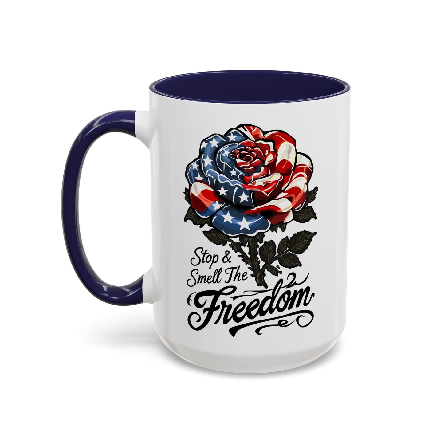 American Flag Rose Ceramic Accent Handle Coffee Mug — 'Stop and Smell The Freedom' Patriotic Coffee Cup (11oz/15oz) - 250th America's Birthday Gift