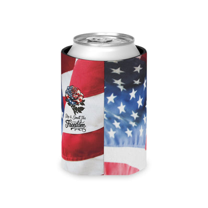 American Flag Rose Can Cooler | Patriotic Beverage Koozie, Star Spangled Freedom Design Can Coozie