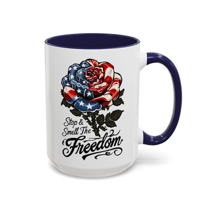 American Flag Rose Ceramic Accent Handle Coffee Mug — 'Stop and Smell The Freedom' Patriotic Coffee Cup (11oz/15oz) - 250th America's Birthday Gift