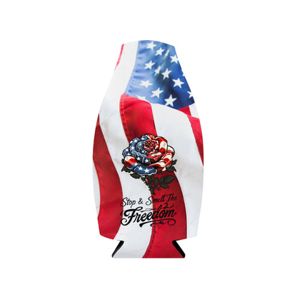 American Flag Rose Zip-Up Bottle Cooler Sleeve | Patriotic Stop and Smell The Freedom Can Cooler