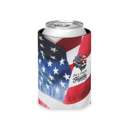 American Flag Rose Can Cooler | Patriotic Beverage Koozie, Star Spangled Freedom Design Can Coozie