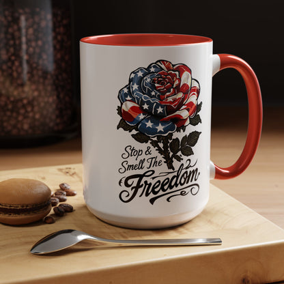 American Flag Rose Ceramic Accent Handle Coffee Mug — 'Stop and Smell The Freedom' Patriotic Coffee Cup (11oz/15oz) - 250th America's Birthday Gift