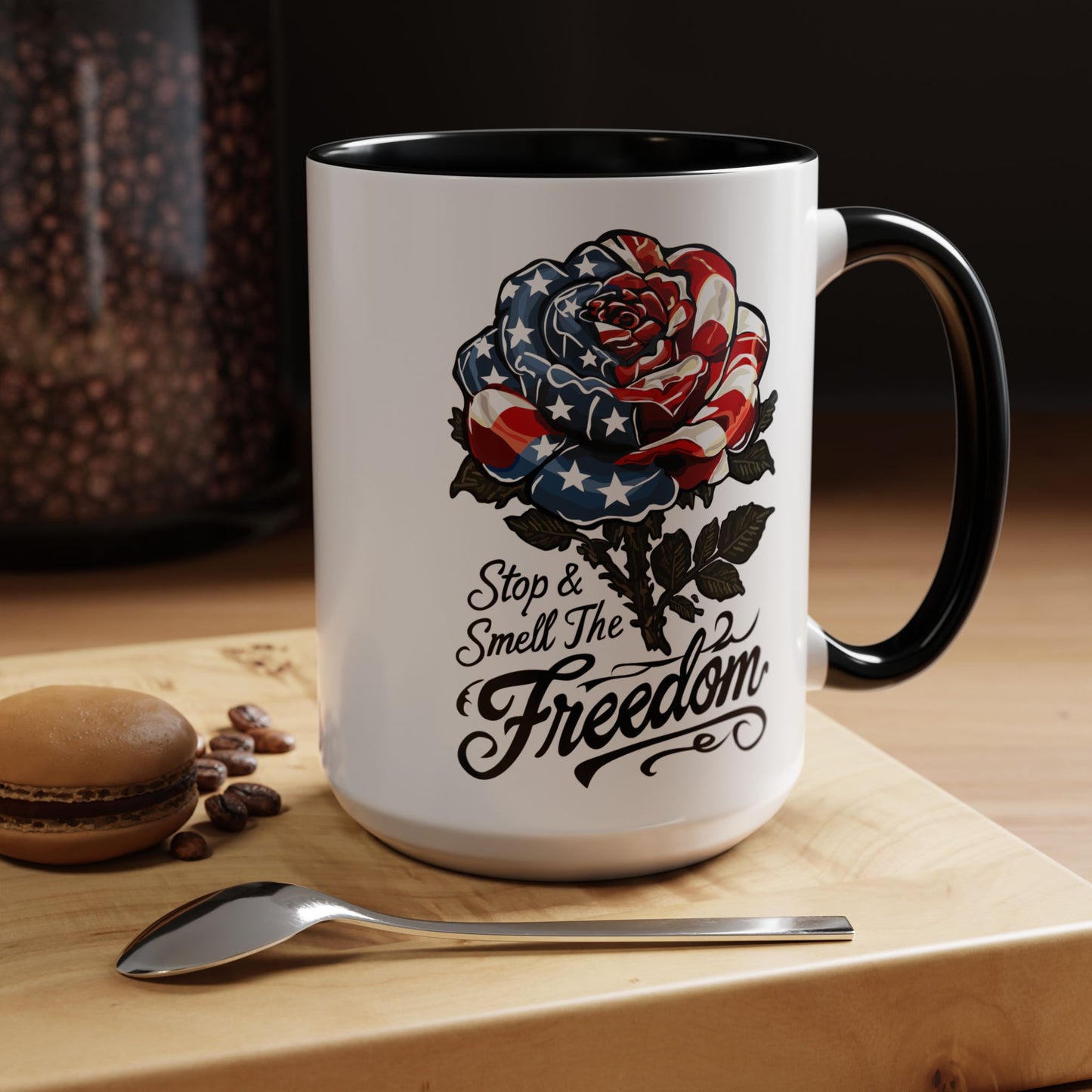 American Flag Rose Ceramic Accent Handle Coffee Mug — 'Stop and Smell The Freedom' Patriotic Coffee Cup (11oz/15oz) - 250th America's Birthday Gift