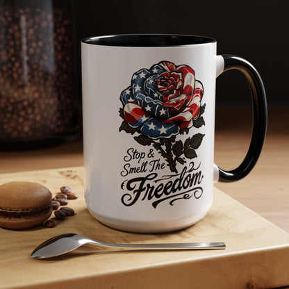 American Flag Rose Ceramic Accent Handle Coffee Mug — 'Stop and Smell The Freedom' Patriotic Coffee Cup (11oz/15oz) - 250th America's Birthday Gift