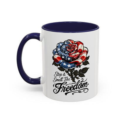 American Flag Rose Ceramic Accent Handle Coffee Mug — 'Stop and Smell The Freedom' Patriotic Coffee Cup (11oz/15oz) - 250th America's Birthday Gift