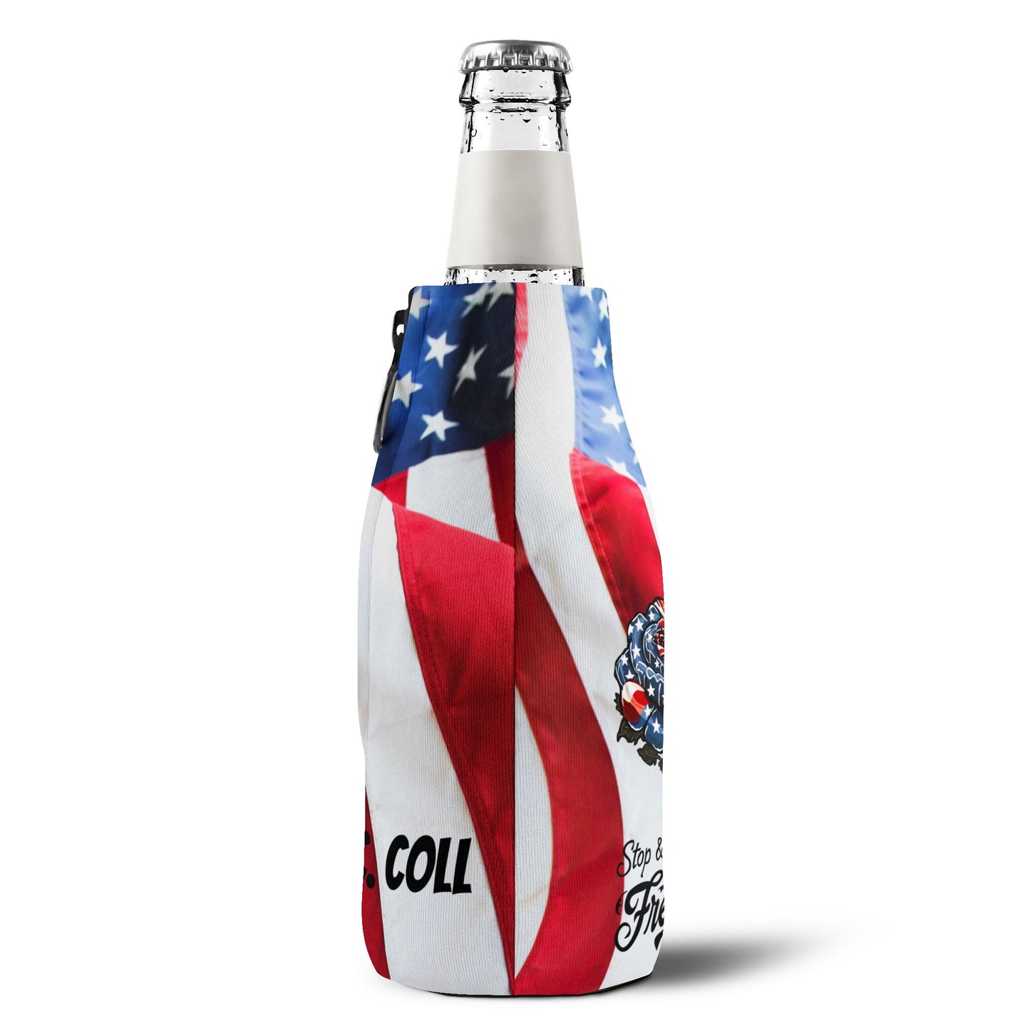 American Flag Rose Zip-Up Bottle Cooler Sleeve | Patriotic Stop and Smell The Freedom Can Cooler
