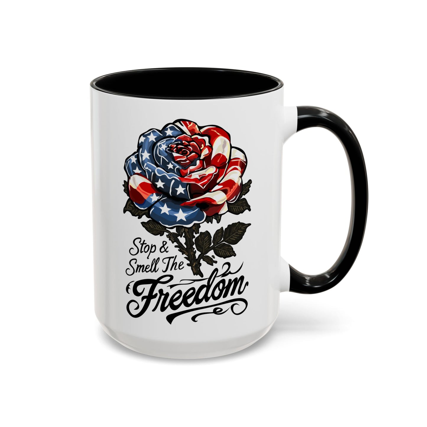 American Flag Rose Ceramic Accent Handle Coffee Mug — 'Stop and Smell The Freedom' Patriotic Coffee Cup (11oz/15oz) - 250th America's Birthday Gift
