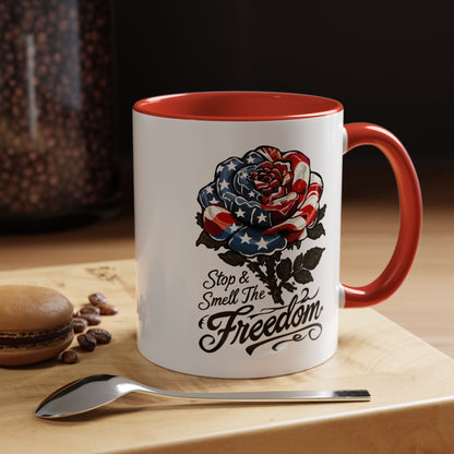 American Flag Rose Ceramic Accent Handle Coffee Mug — 'Stop and Smell The Freedom' Patriotic Coffee Cup (11oz/15oz) - 250th America's Birthday Gift