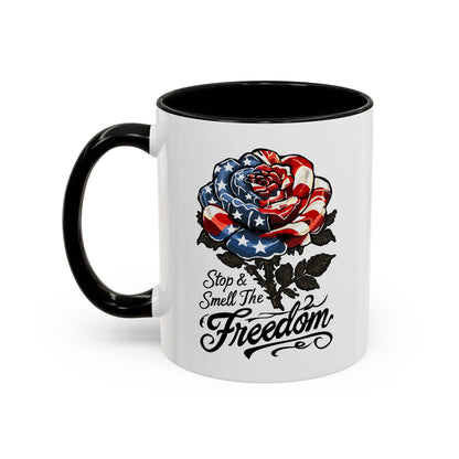 American Flag Rose Ceramic Accent Handle Coffee Mug — 'Stop and Smell The Freedom' Patriotic Coffee Cup (11oz/15oz) - 250th America's Birthday Gift