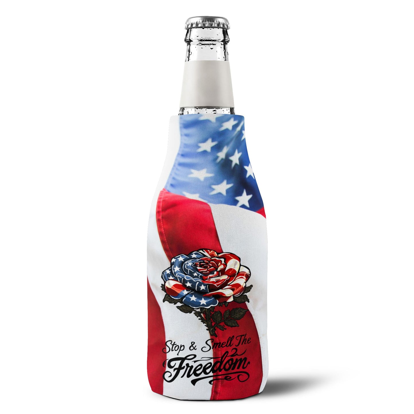 American Flag Rose Zip-Up Bottle Cooler Sleeve | Patriotic Stop and Smell The Freedom Can Cooler