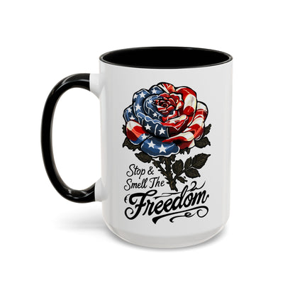 American Flag Rose Ceramic Accent Handle Coffee Mug — 'Stop and Smell The Freedom' Patriotic Coffee Cup (11oz/15oz) - 250th America's Birthday Gift