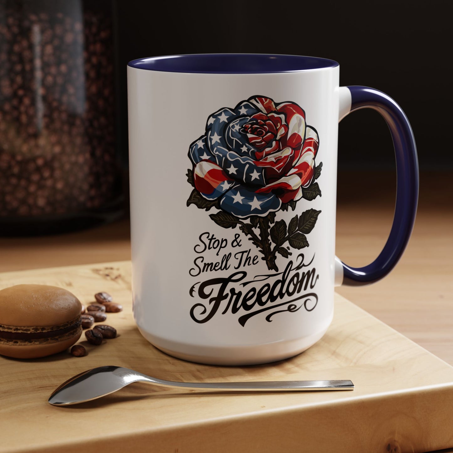American Flag Rose Ceramic Accent Handle Coffee Mug — 'Stop and Smell The Freedom' Patriotic Coffee Cup (11oz/15oz) - 250th America's Birthday Gift