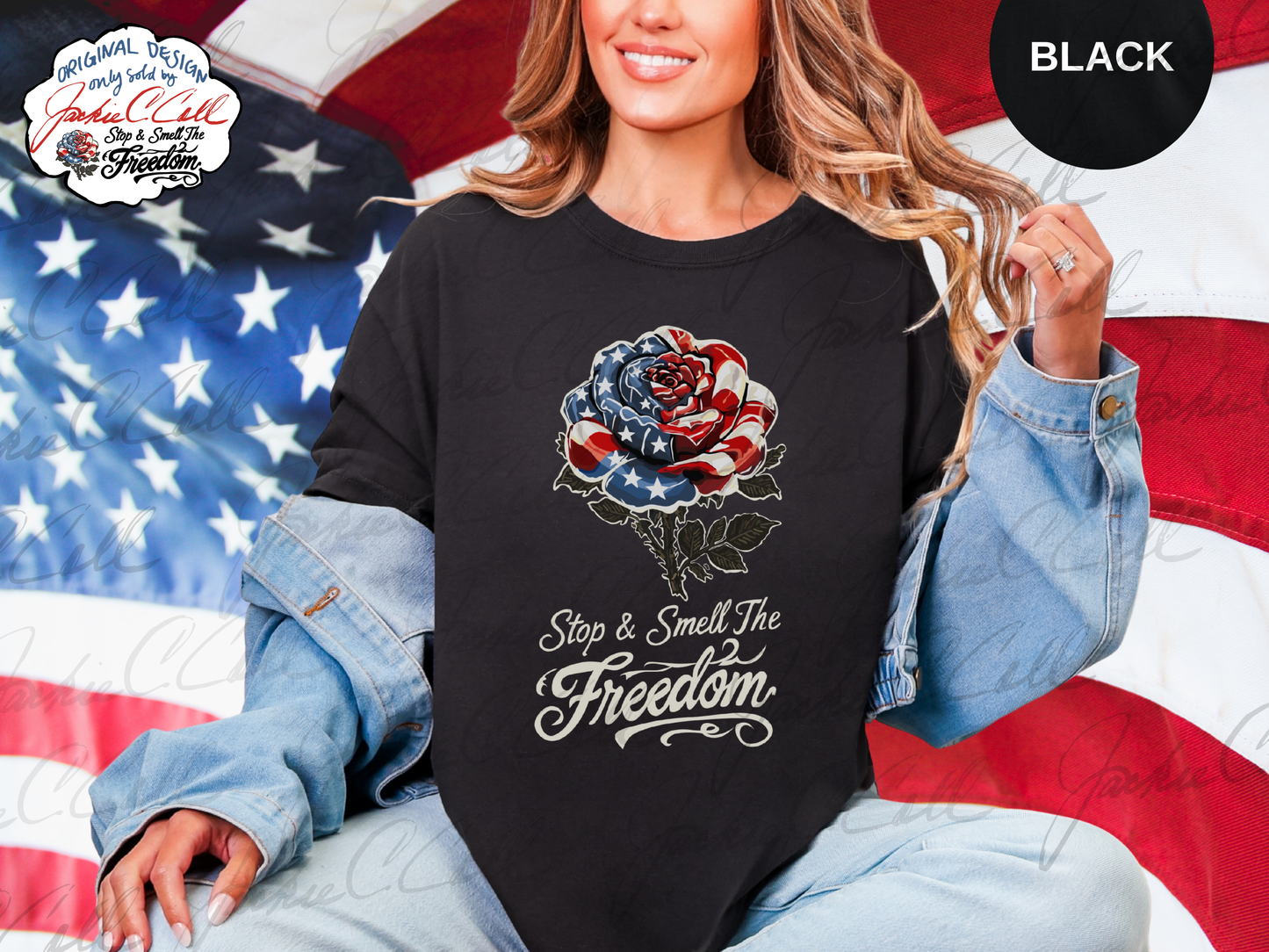 Patriotic Rose TShirt - Stop and Smell The Freedom American Flag Floral Tee
