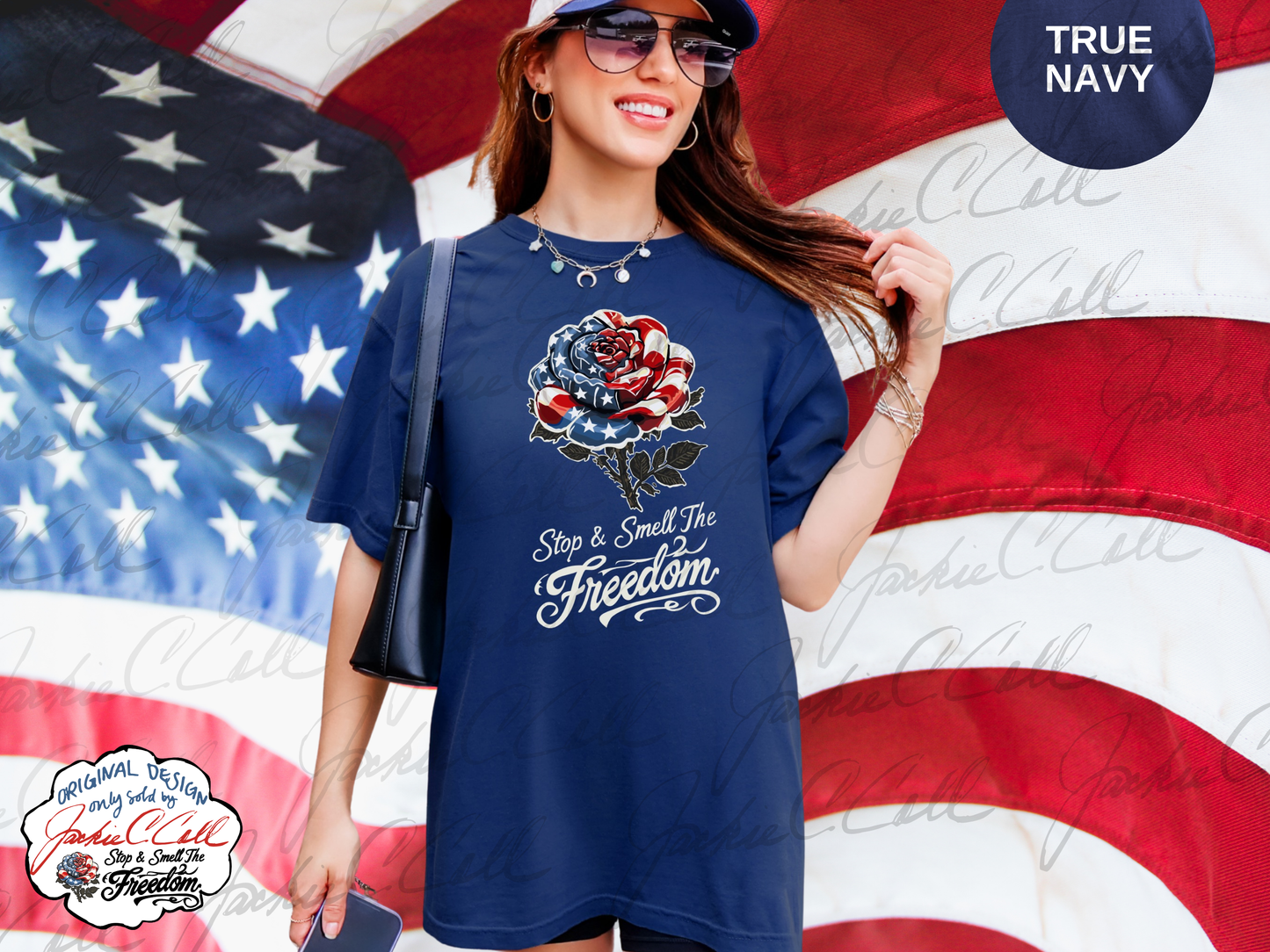 Patriotic Rose TShirt - Stop and Smell The Freedom American Flag Floral Tee