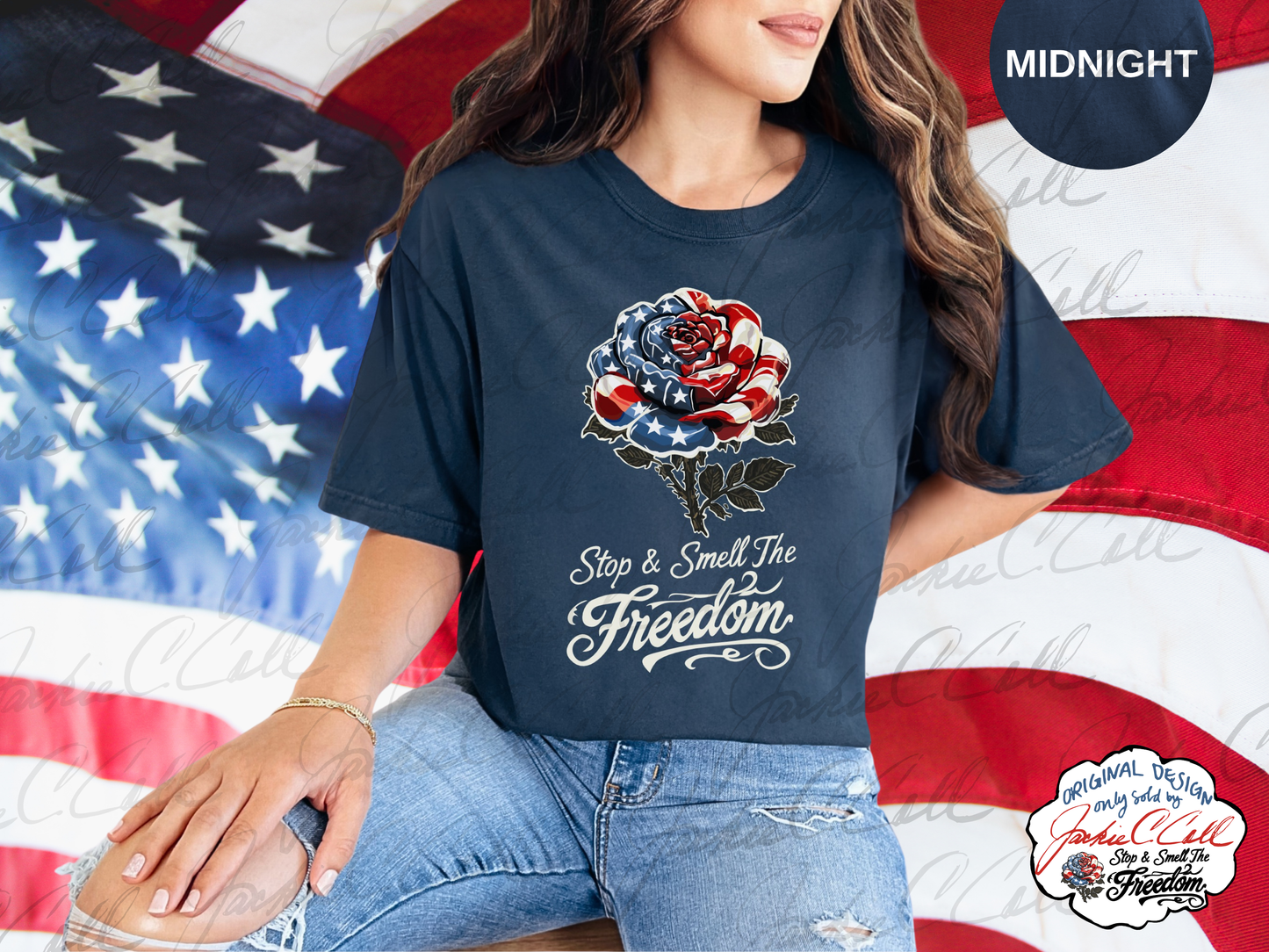 Patriotic Rose TShirt - Stop and Smell The Freedom American Flag Floral Tee