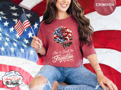 Patriotic Rose TShirt - Stop and Smell The Freedom American Flag Floral Tee