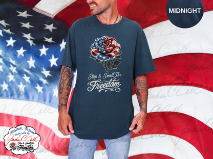 Patriotic Rose TShirt - Stop and Smell The Freedom American Flag Floral Tee