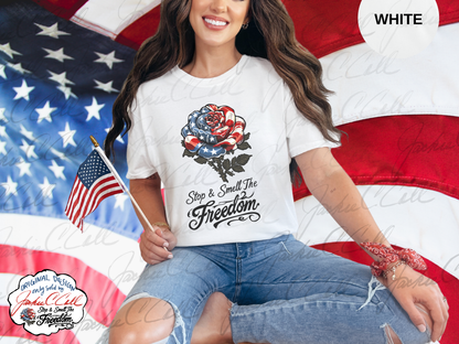 Patriotic Rose TShirt - Stop and Smell The Freedom American Flag Floral Tee