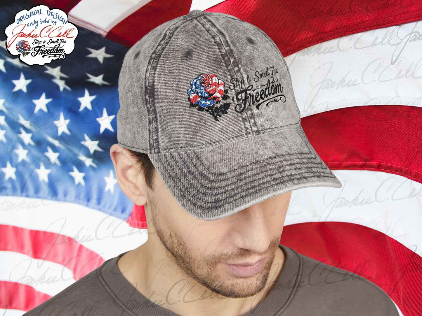 Vintage Embroidered Freedom Charcoal Gray Cap — Distressed Baseball Hat with Floral Patriotic Rose "Stop and Smell The Freedom"