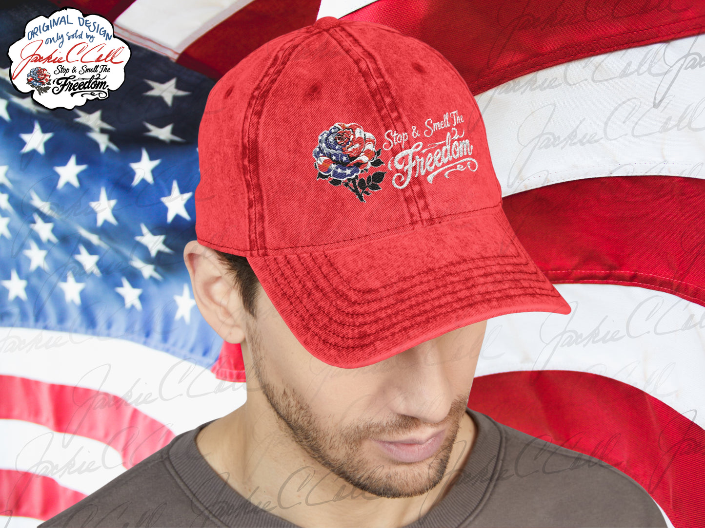 Vintage Embroidered Freedom Cap — Distressed Baseball Hat with Floral Patriotic Rose "Stop and Smell The Freedom"