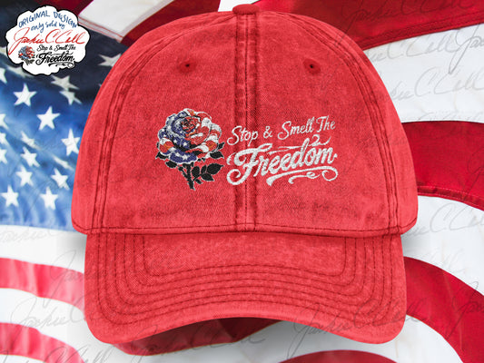 Vintage Embroidered Freedom Cap — Distressed Baseball Hat with Floral Patriotic Rose "Stop and Smell The Freedom"