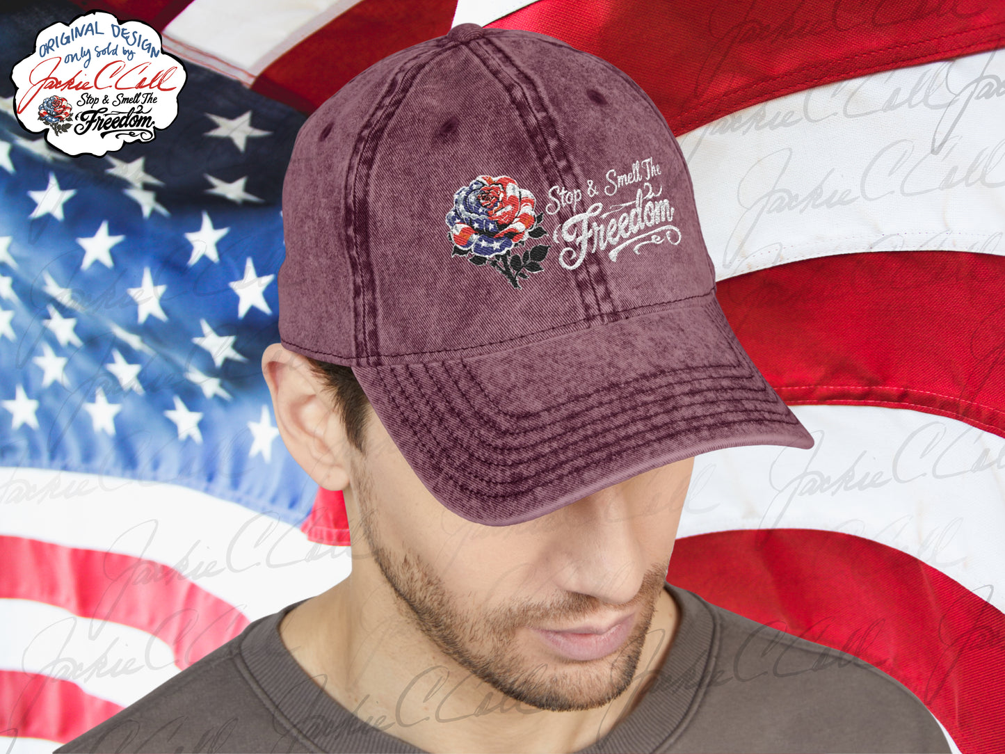 Vintage Embroidered Freedom Cap — Distressed Baseball Hat with Floral Patriotic Rose "Stop and Smell The Freedom"