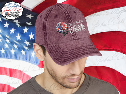 Vintage Embroidered Freedom Cap — Distressed Baseball Hat with Floral Patriotic Rose "Stop and Smell The Freedom"