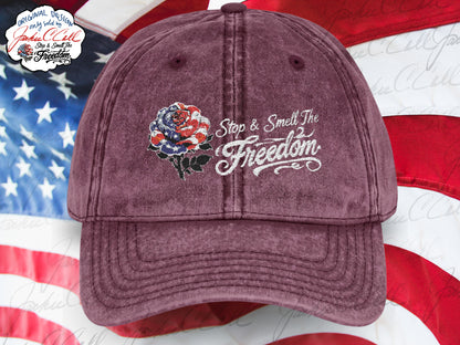 Vintage Embroidered Freedom Cap — Distressed Baseball Hat with Floral Patriotic Rose "Stop and Smell The Freedom"