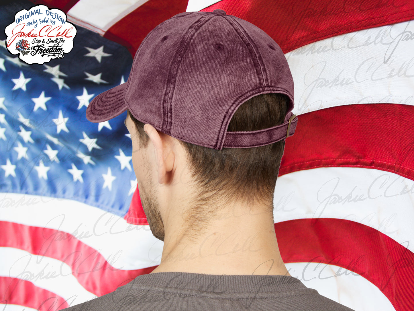 Vintage Embroidered Freedom Cap — Distressed Baseball Hat with Floral Patriotic Rose "Stop and Smell The Freedom"