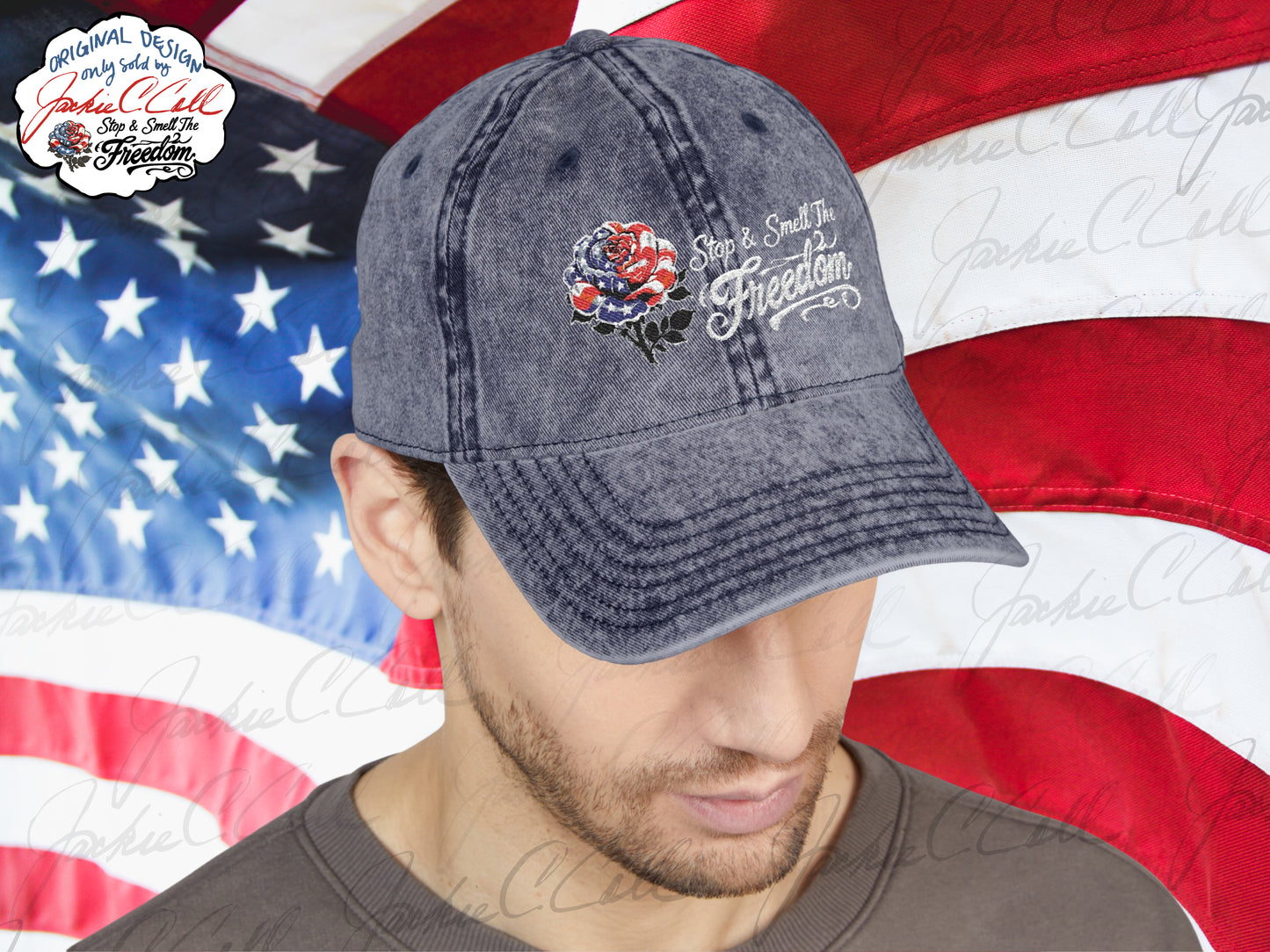 Vintage Embroidered Freedom Cap — Distressed Baseball Hat with Floral Patriotic Rose "Stop and Smell The Freedom"