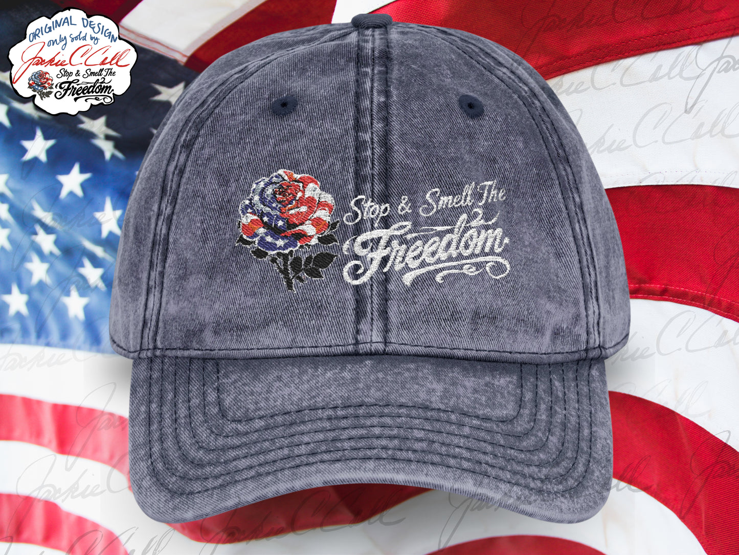 Vintage Embroidered Freedom Cap — Distressed Baseball Hat with Floral Patriotic Rose "Stop and Smell The Freedom"