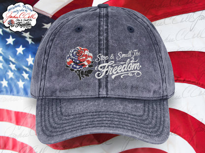 Vintage Embroidered Freedom Cap — Distressed Baseball Hat with Floral Patriotic Rose "Stop and Smell The Freedom"
