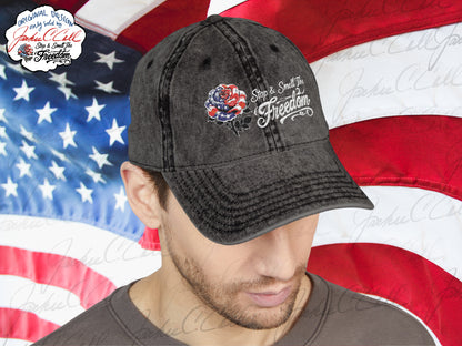 Vintage Embroidered Freedom Cap — Distressed Baseball Hat with Floral Patriotic Rose "Stop and Smell The Freedom"