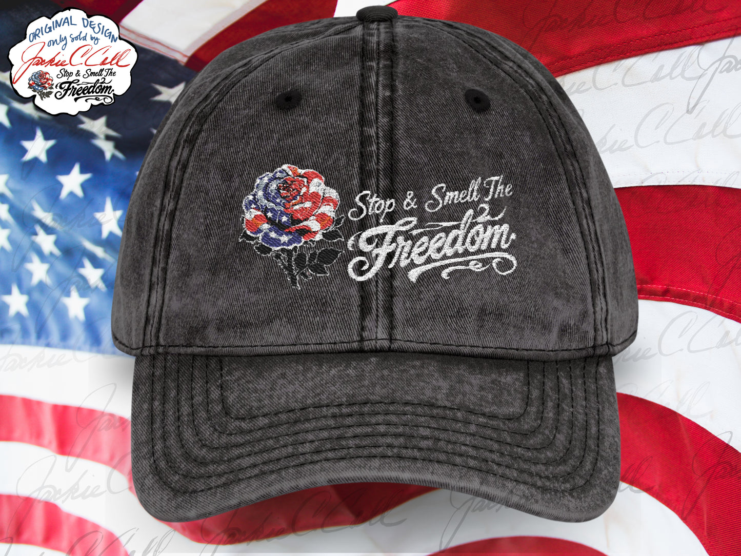 Vintage Embroidered Freedom Cap — Distressed Baseball Hat with Floral Patriotic Rose "Stop and Smell The Freedom"