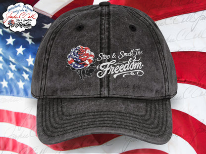 Vintage Embroidered Freedom Cap — Distressed Baseball Hat with Floral Patriotic Rose "Stop and Smell The Freedom"