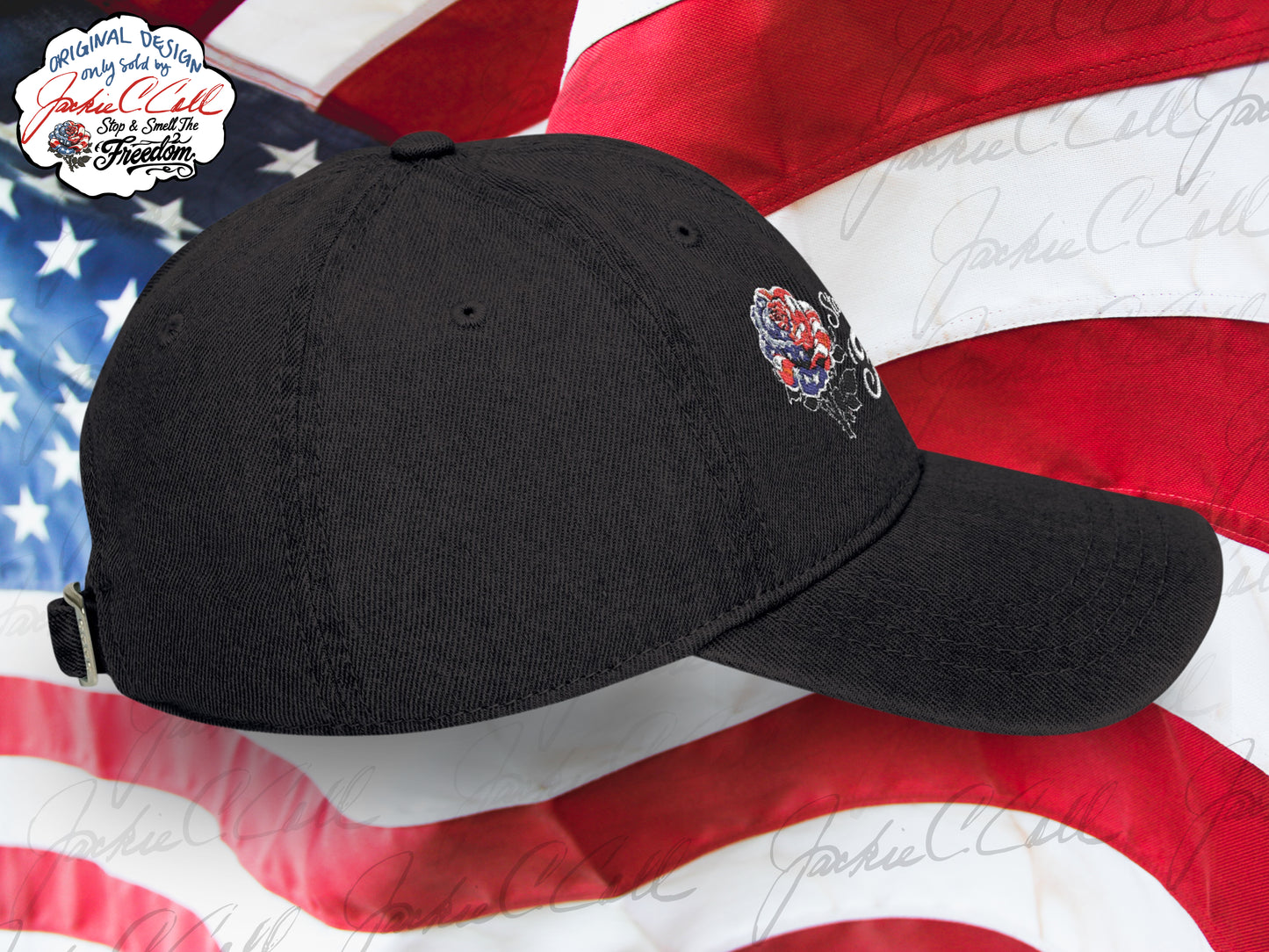 Stop and Smell The Freedom - Embroidered Patriotic Floral Dark Denim Blue or Black Denim Hat