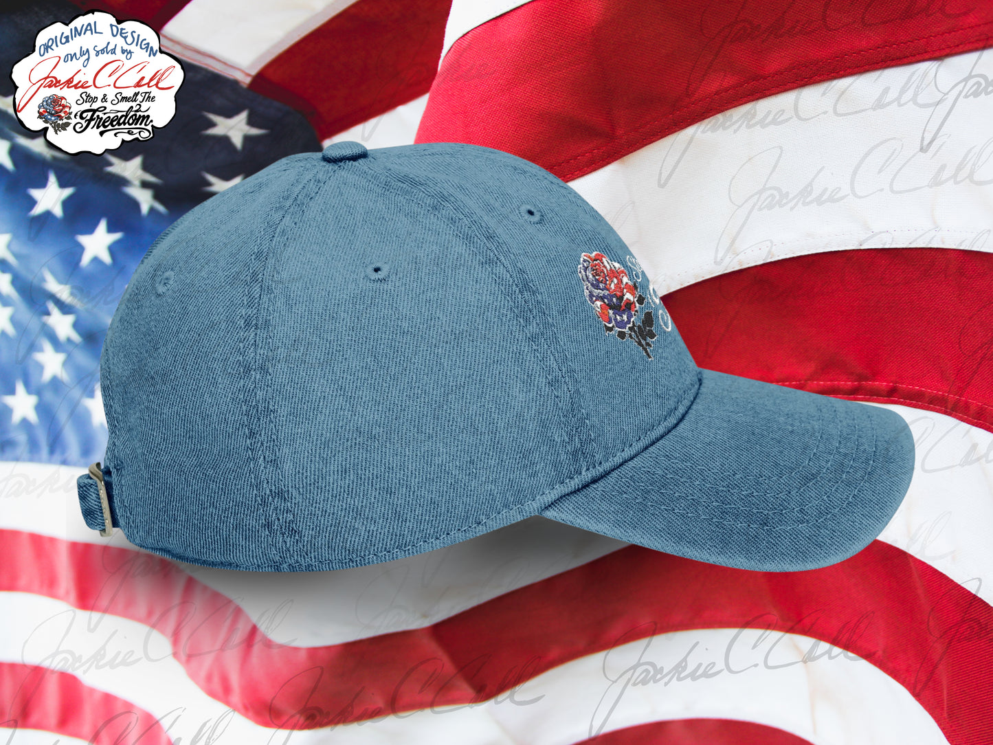 Stop and Smell The Freedom - Embroidered Patriotic Floral Dark Denim Blue or Black Denim Hat