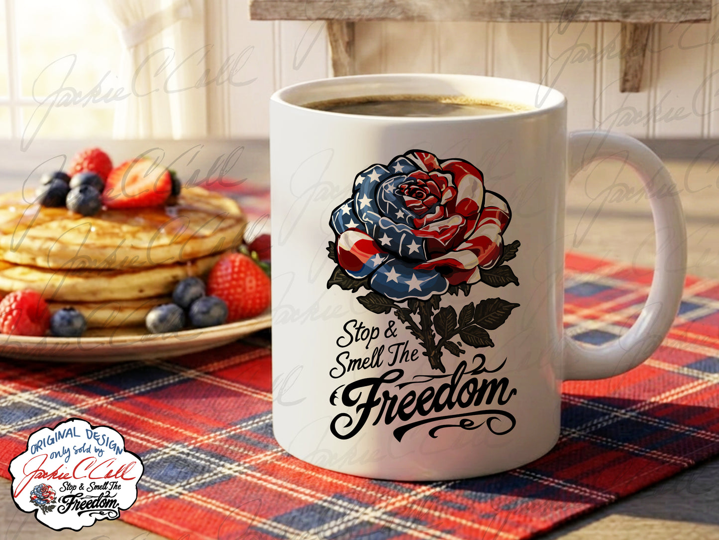 American Flag Rose Ceramic Mug — 'Stop and Smell The Freedom' Patriotic Coffee Cup (11oz/15oz) - Floral 4th of July Gift