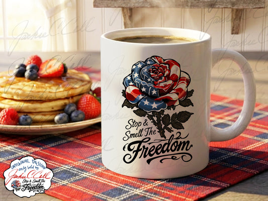 American Flag Rose Ceramic Mug — 'Stop and Smell The Freedom' Patriotic Coffee Cup (11oz/15oz) - Floral 4th of July Gift