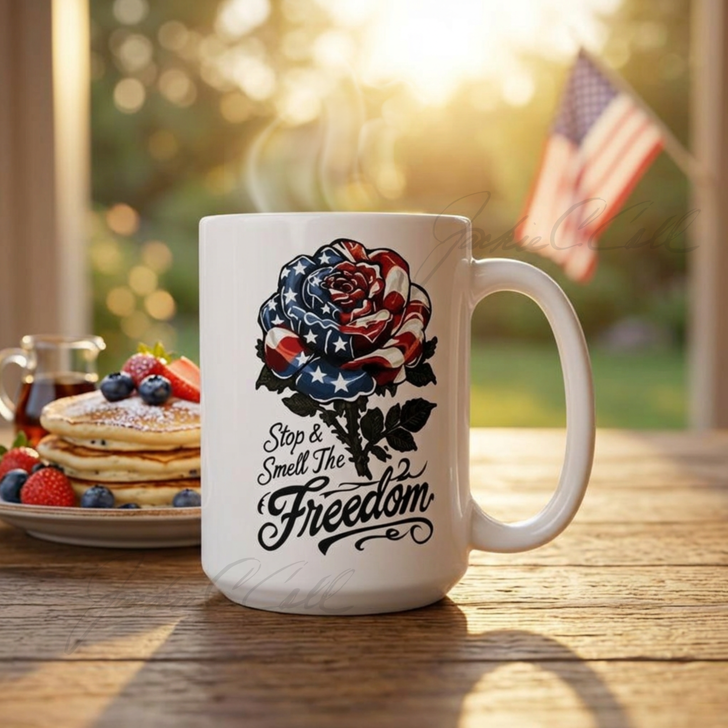 American Flag Rose Ceramic Mug — 'Stop and Smell The Freedom' Patriotic Coffee Cup (11oz/15oz) - Floral 4th of July Gift